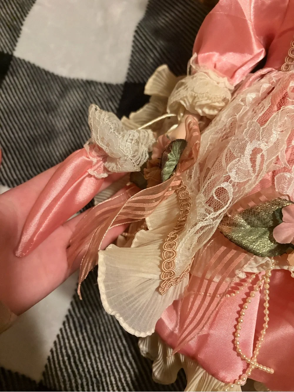 Victorian-Style Porcelain Doll in Pink Lace Dress